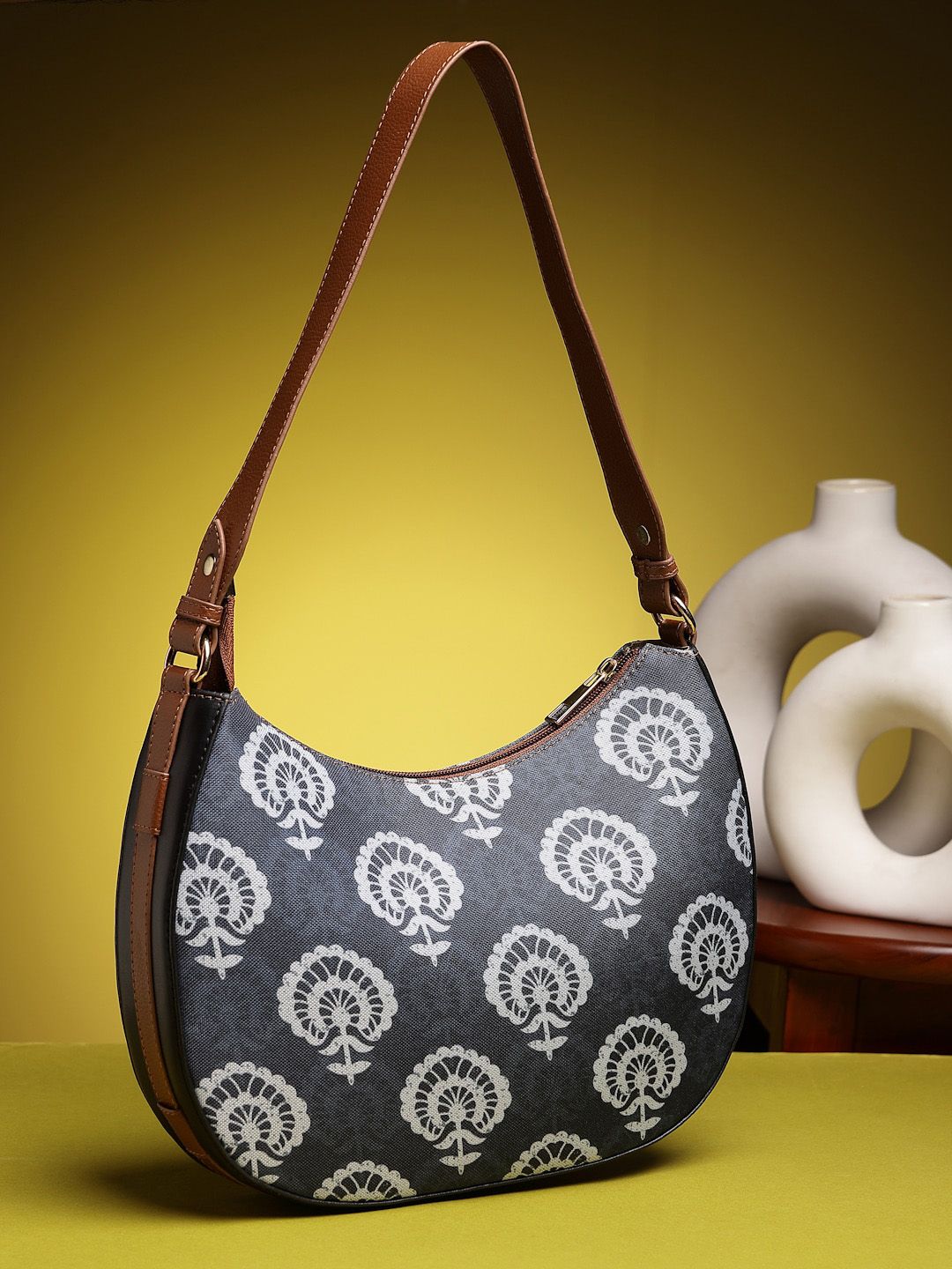 Anouk Blue Floral Printed Half Moon Handheld Bag-picture-26