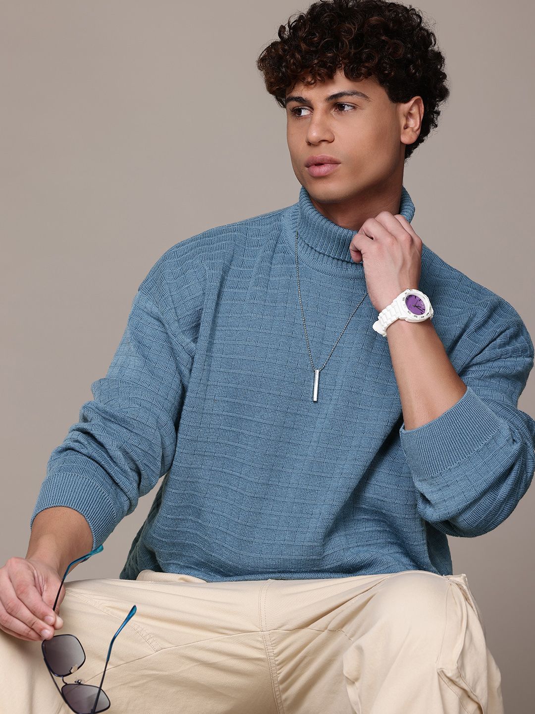 The Roadster Life Co. Self Design Checked Turtle Neck Pullover Sweater-picture-11