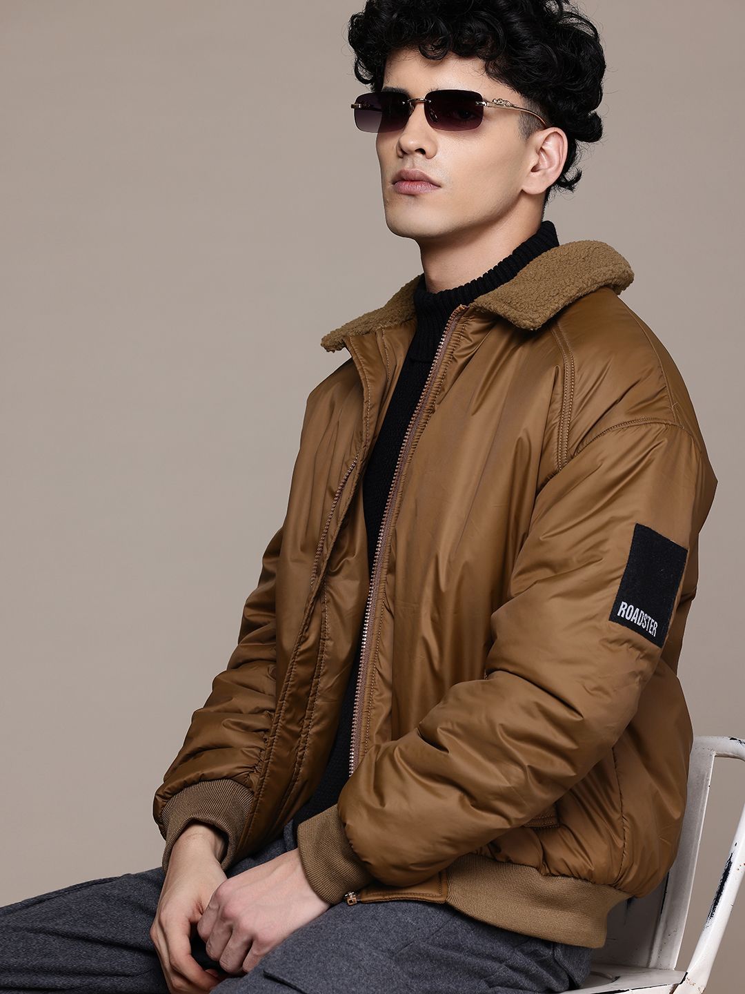 Roadster The Lifestyle Co. Fleece Detail Spread Collar Bomber Jacket-picture-18