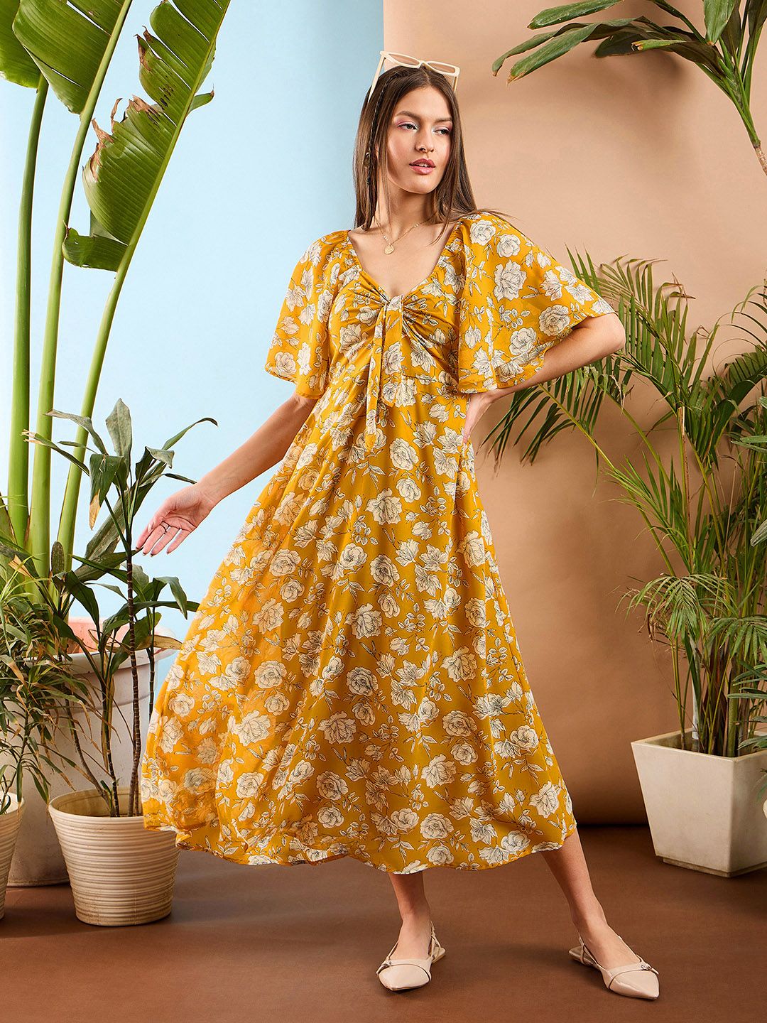 SASSAFRAS Floral Printed Flared Sleeve Front Tie Up Fit & Flare Midi Dress