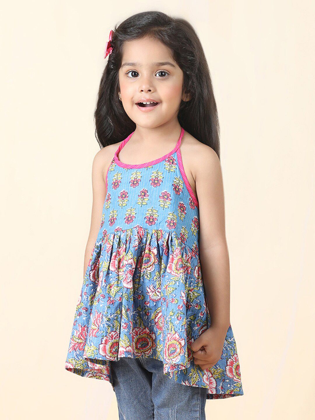 Sangria Girls Floral Printed Pure Cotton Halter Neck Empire Top-picture-12
