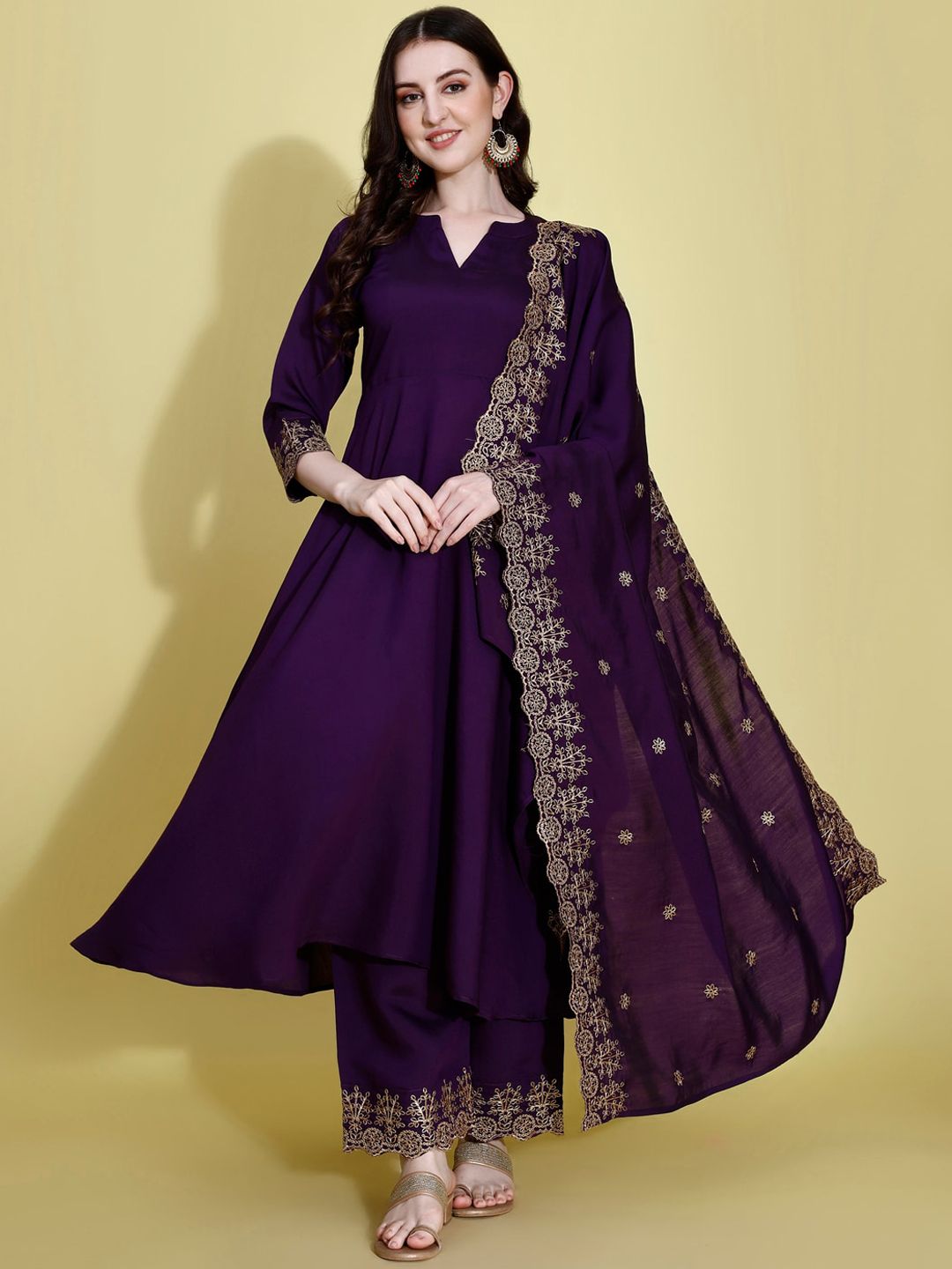 KALINI Notched Neck Anarkali Kurta with Palazzos & Dupatta