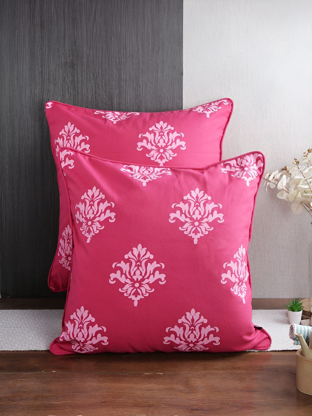 Aura Pink & White 2Pcs Ethnic Motifs Cotton Square Cushion Covers-image-30