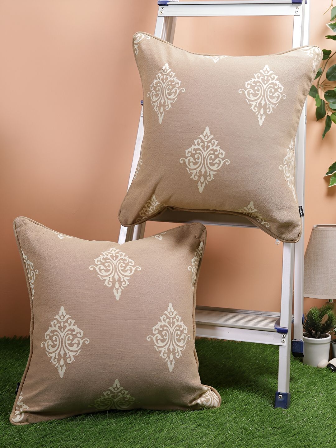 Aura Beige & White 2 Pieces Ethnic Motifs Square Cushion Covers-picture-30