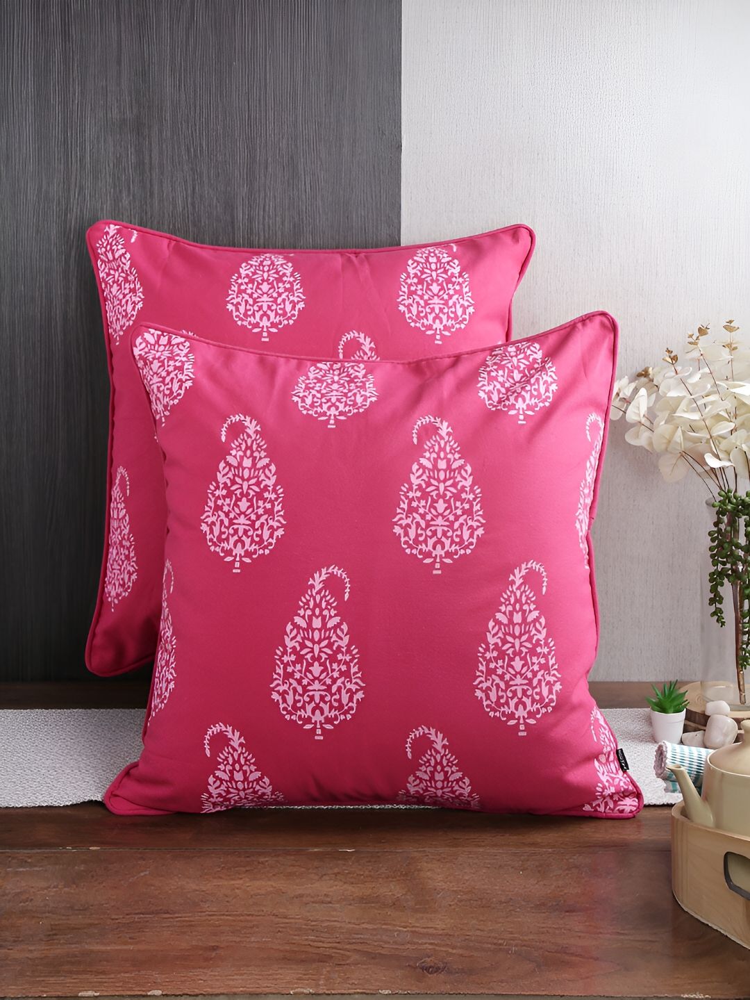 Aura Pink & White 2Pcs Ethnic Motifs Cotton Square Cushion Covers-picture-12