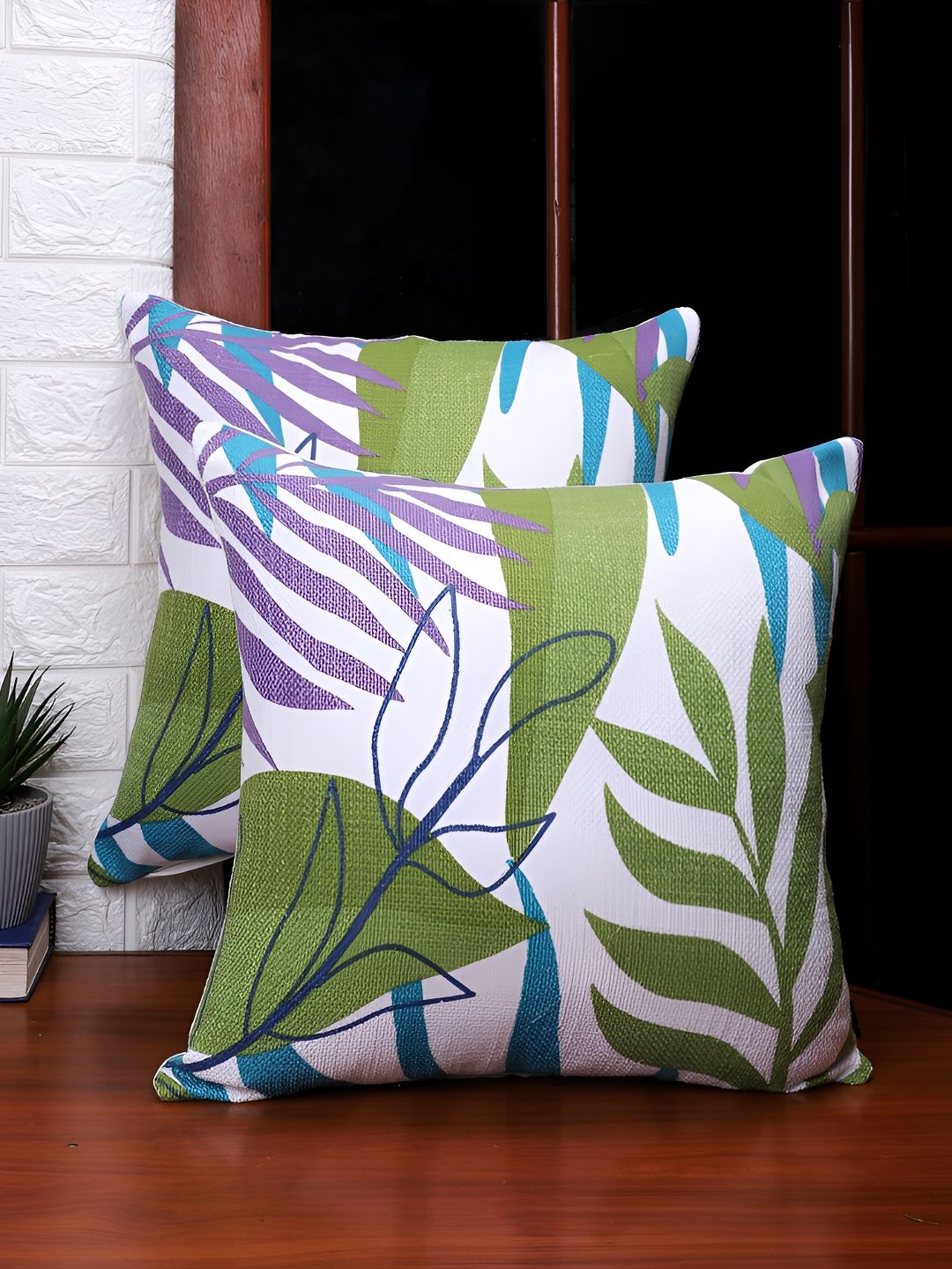 Aura Green & White 2Pcs Floral Square Cushion Covers-picture-56