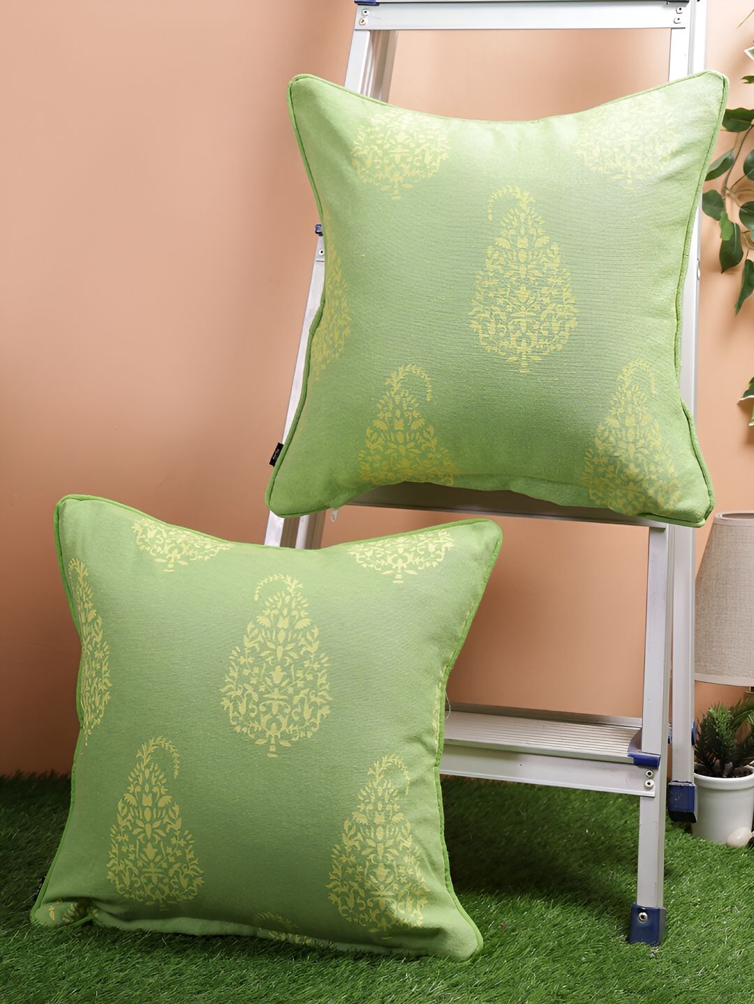 Aura Green & Yellow 2Pcs Ethnic Motifs Cotton Square Cushion Covers-image-32