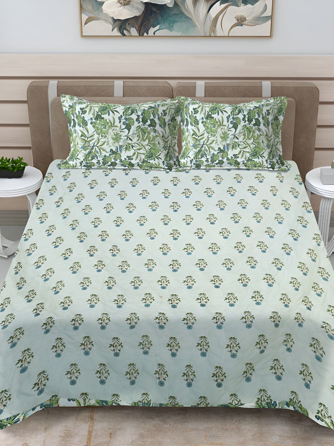 FABINALIV Green Floral Printed Ultrasonic Quilted Reversible King Bed & 2 Pillow Covers