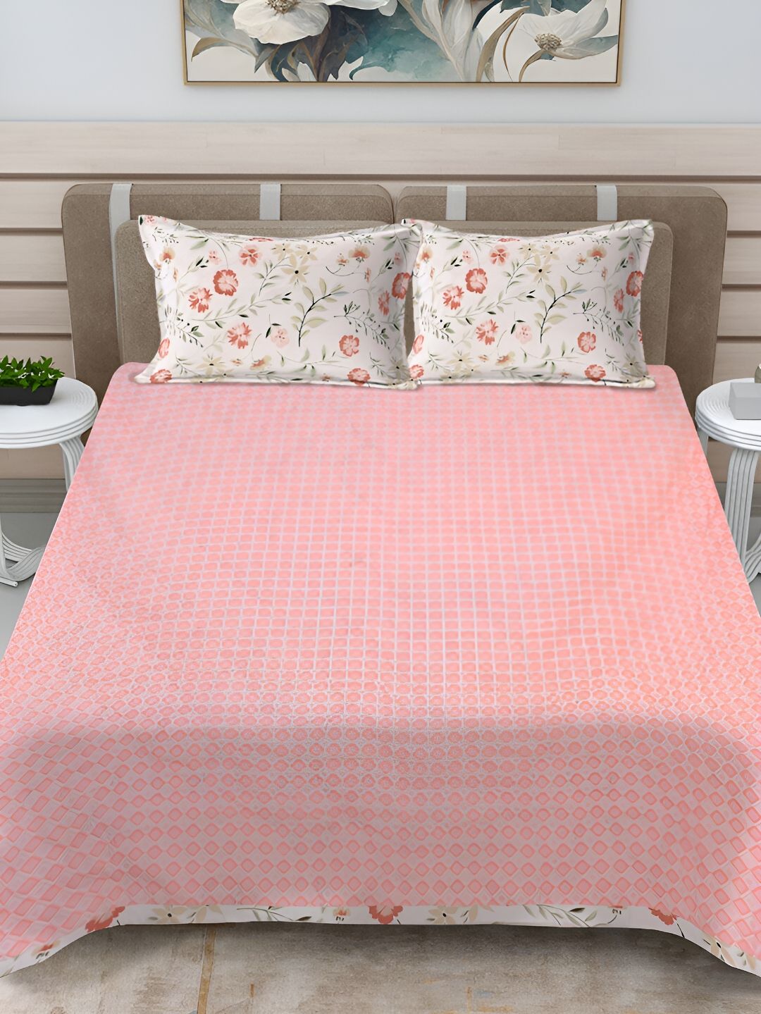 FABINALIV White & Pink 3 Pieces 250TC Printed Reversible Double Bedcover With Pillow Cover