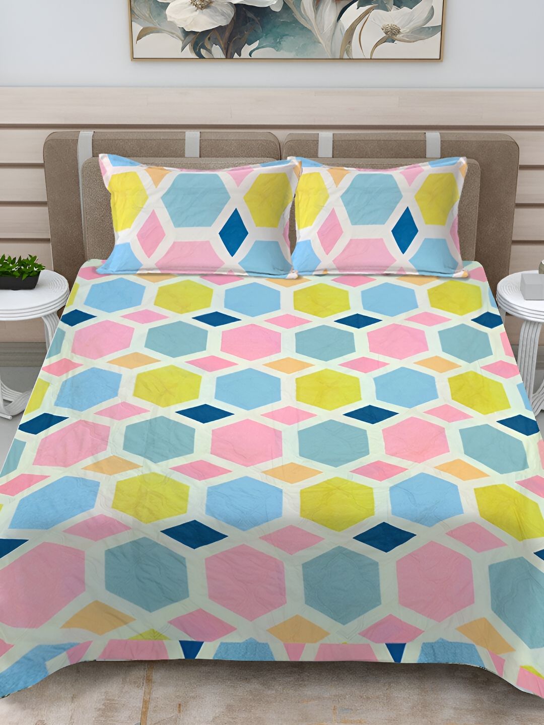 FABINALIV White Printed Ultrasonic Quilted Reversible King Bed Cover With 2 Pillow Covers-picture-12