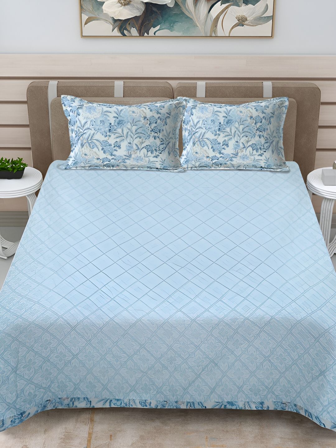 FABINALIV White & Blue Floral Printed Double King Bed Cover With 2 Pillow Covers