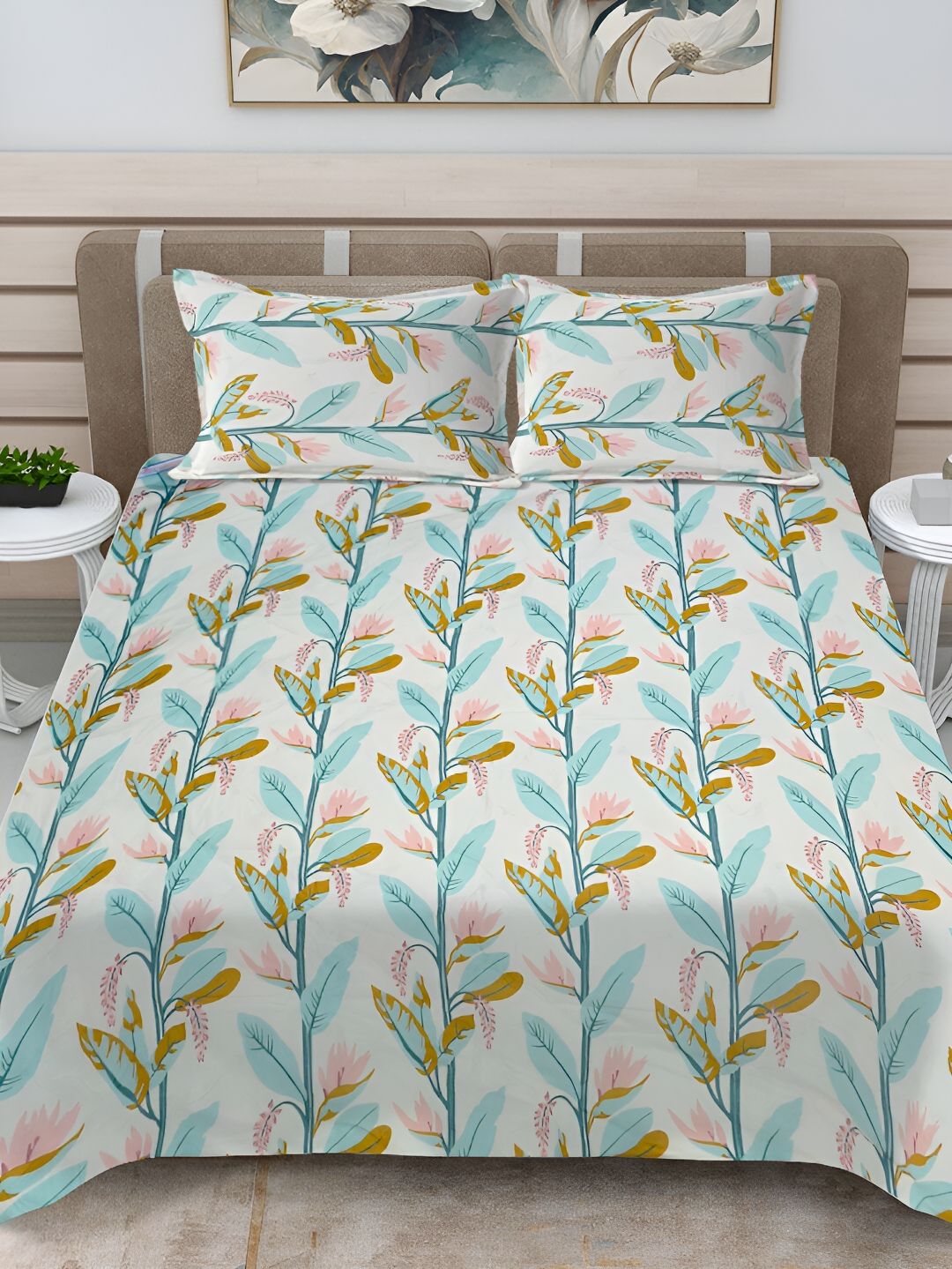 FABINALIV White & Blue Floral Printed Double King Bed Cover With 2 Pillow Covers