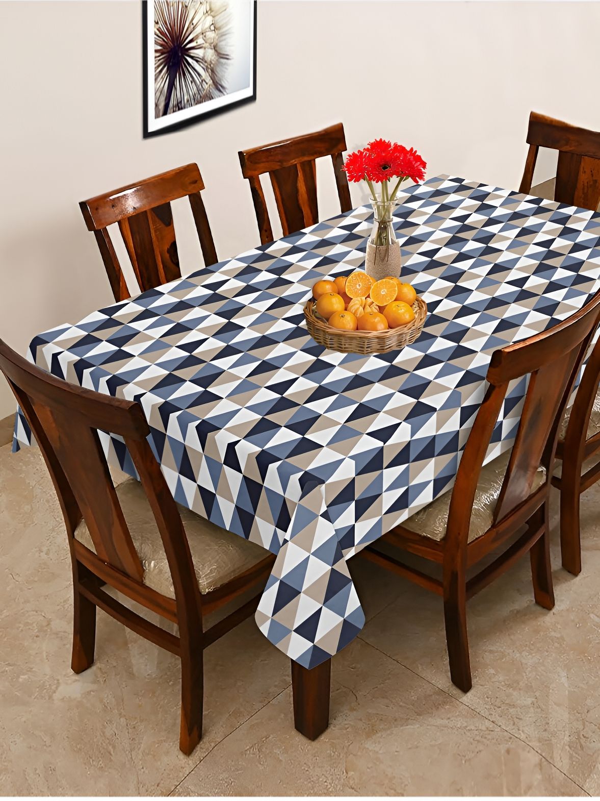 OASIS Blue & White Geometric Printed Cotton 6-Seater Table Cover-image-13