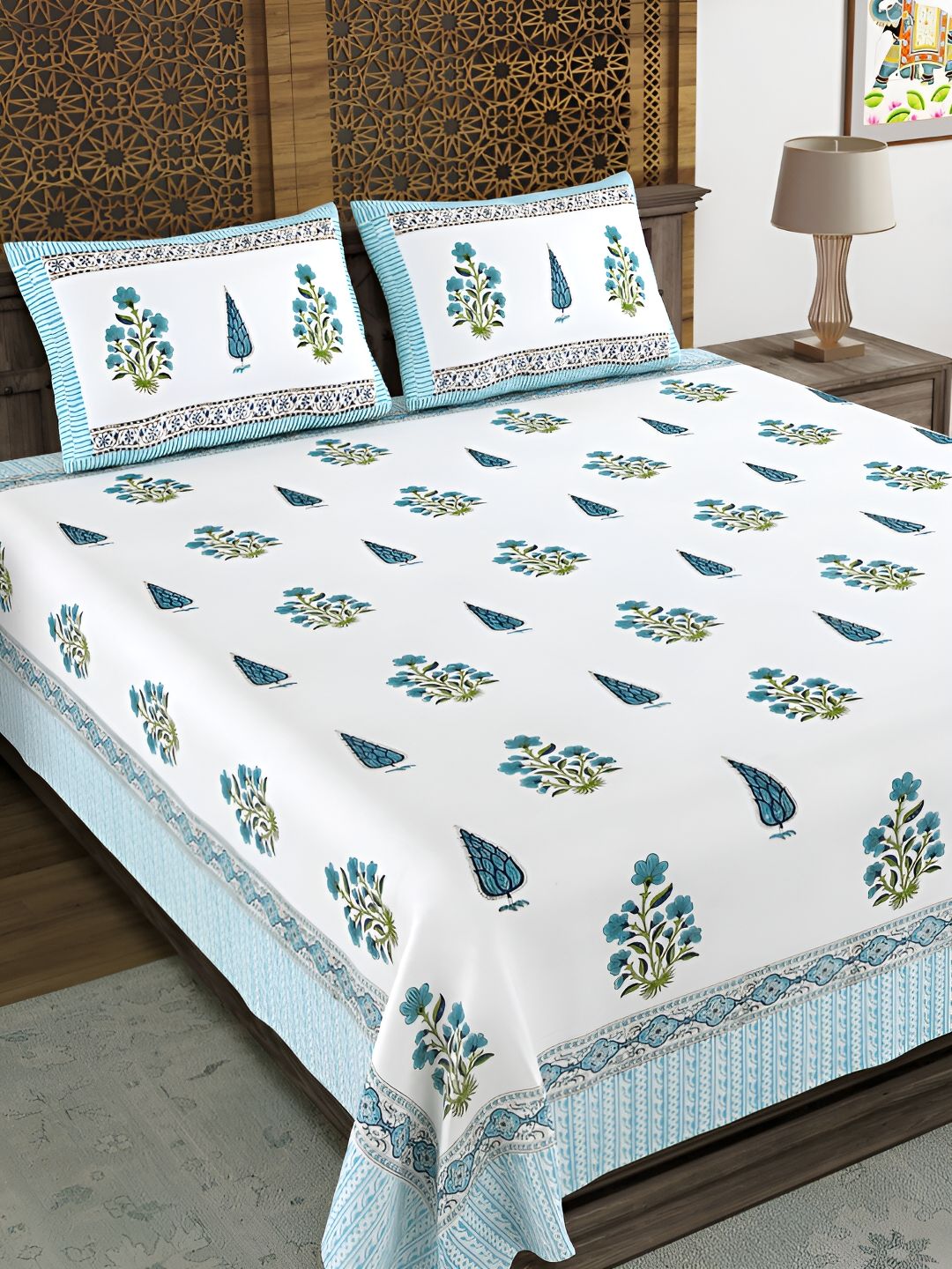 BLOCKS OF INDIA Blue & White Ethnic Motifs Cotton 210 TC King Bedsheet & 2 Pillow Covers-picture-25