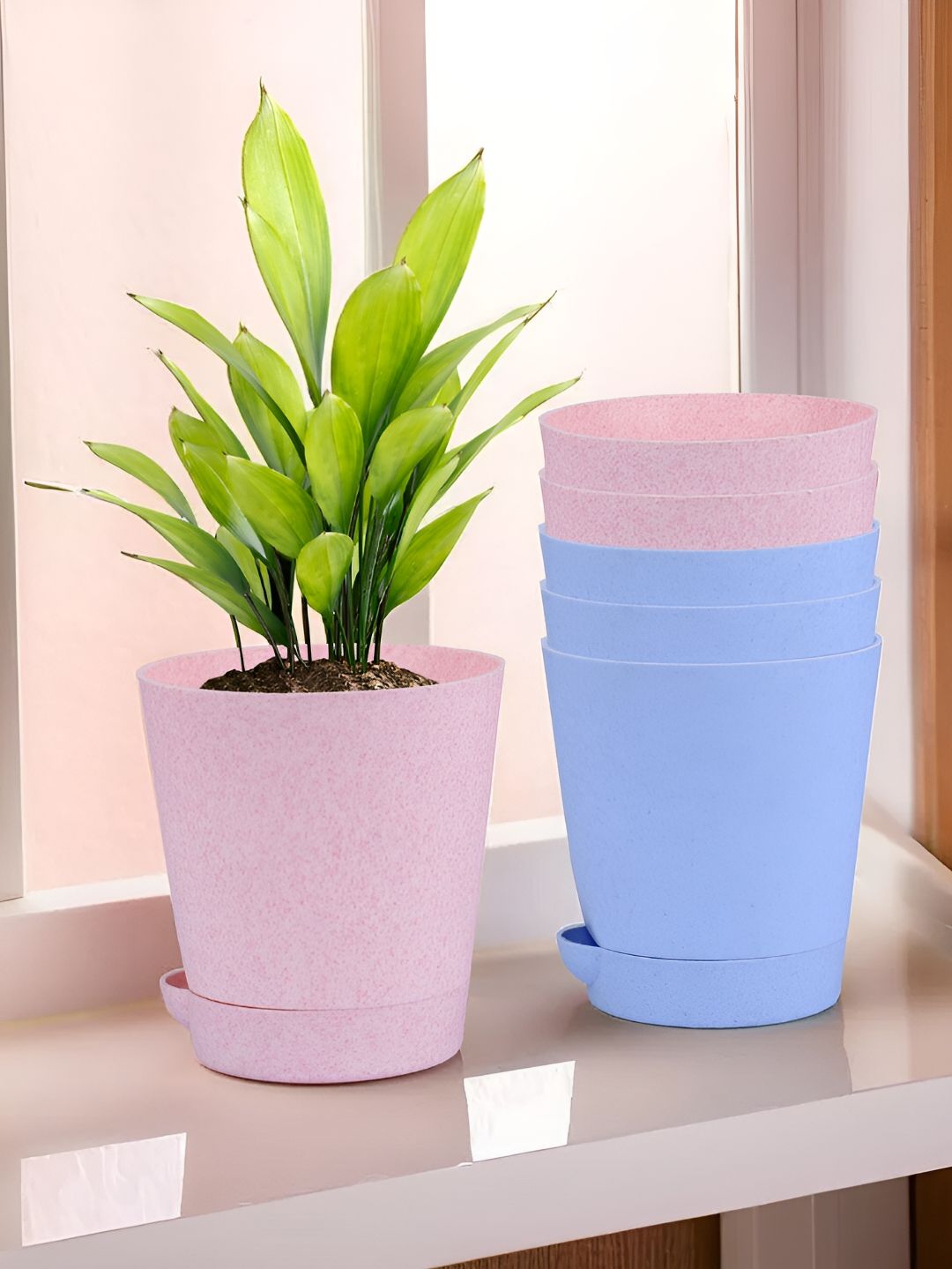 Kuber Industries Blue & Pink 6 Pieces Marble Finish Planters With Tray-picture-28
