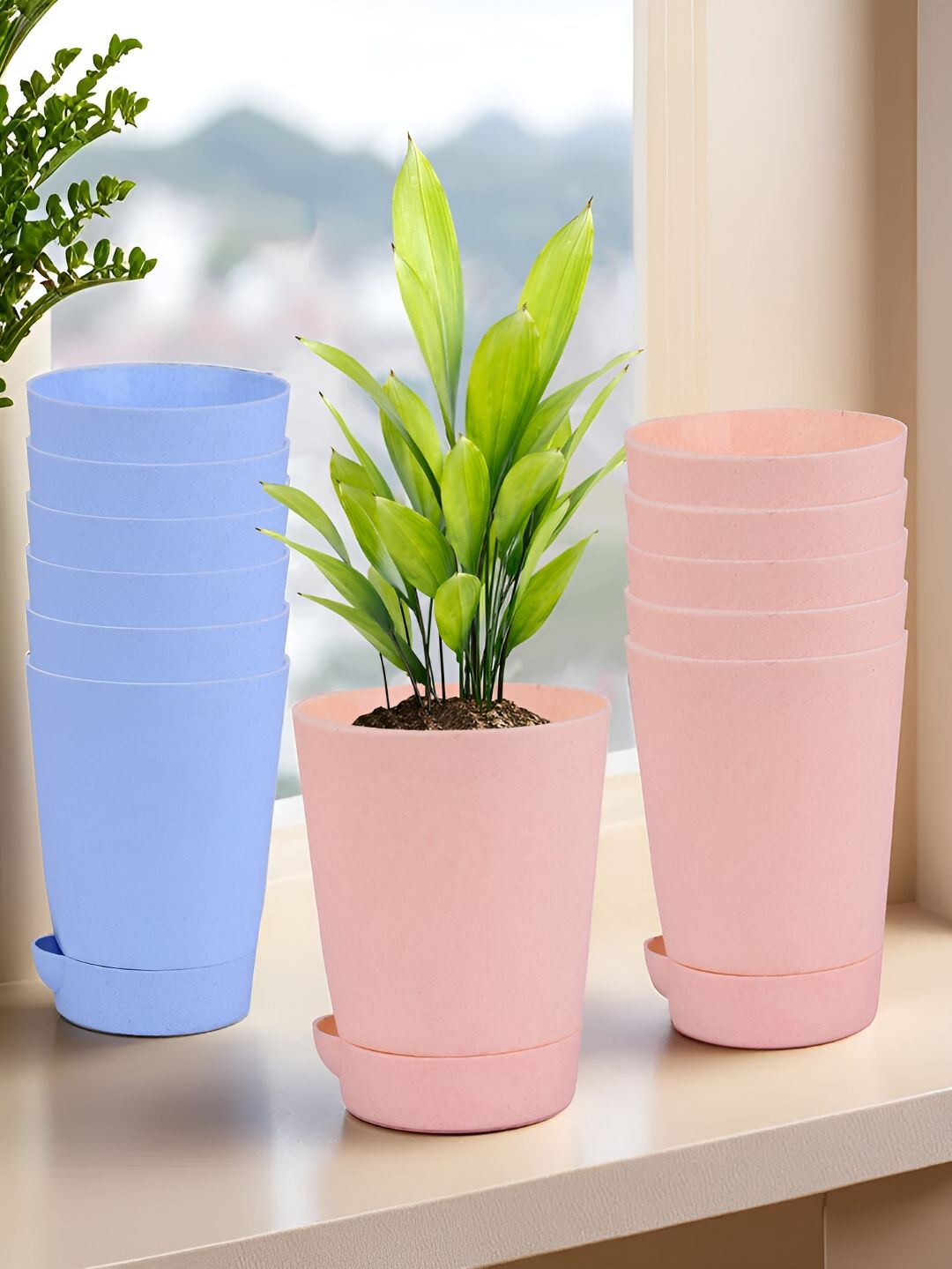 Kuber Industries Blue & Peach 12 Pieces Marble Finish Planters With Tray-image-21
