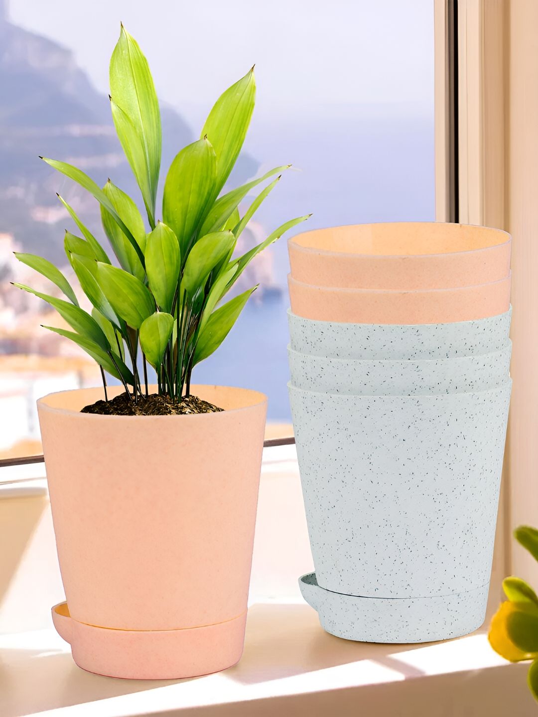 Kuber Industries White & Peach 6 Pieces Marble Finish Planters With Tray-image-2