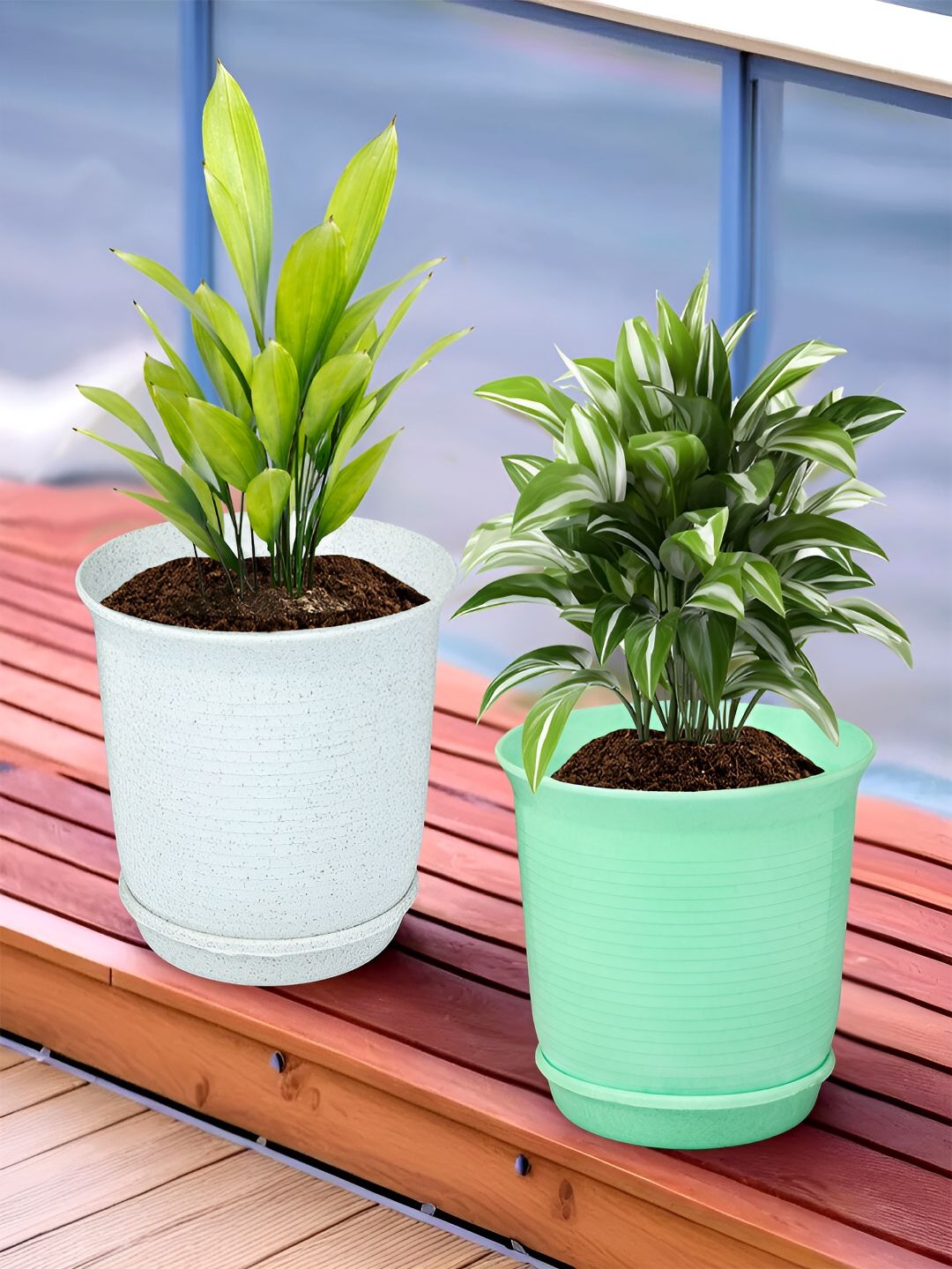 Kuber Industries  White & Green 2 Pieces Marble Finish Planters With Tray-picture-22