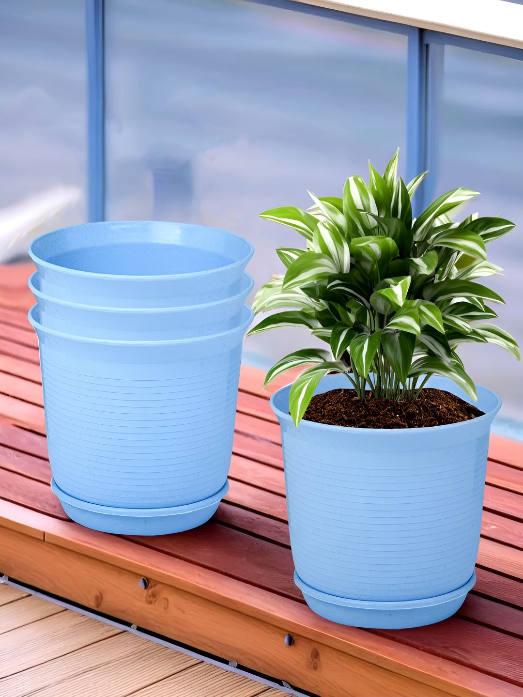 Kuber Industries Marble Sawera Blue 4 Pieces Textured Planters With Tray-picture-37
