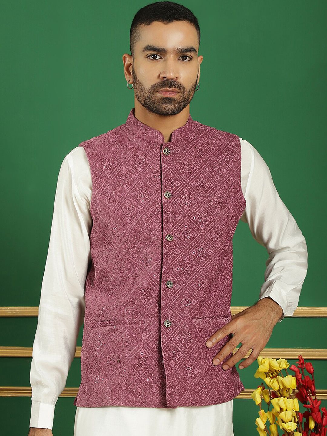 Jompers Embroidered Mandarin Collar Nehru Jackets-picture-12