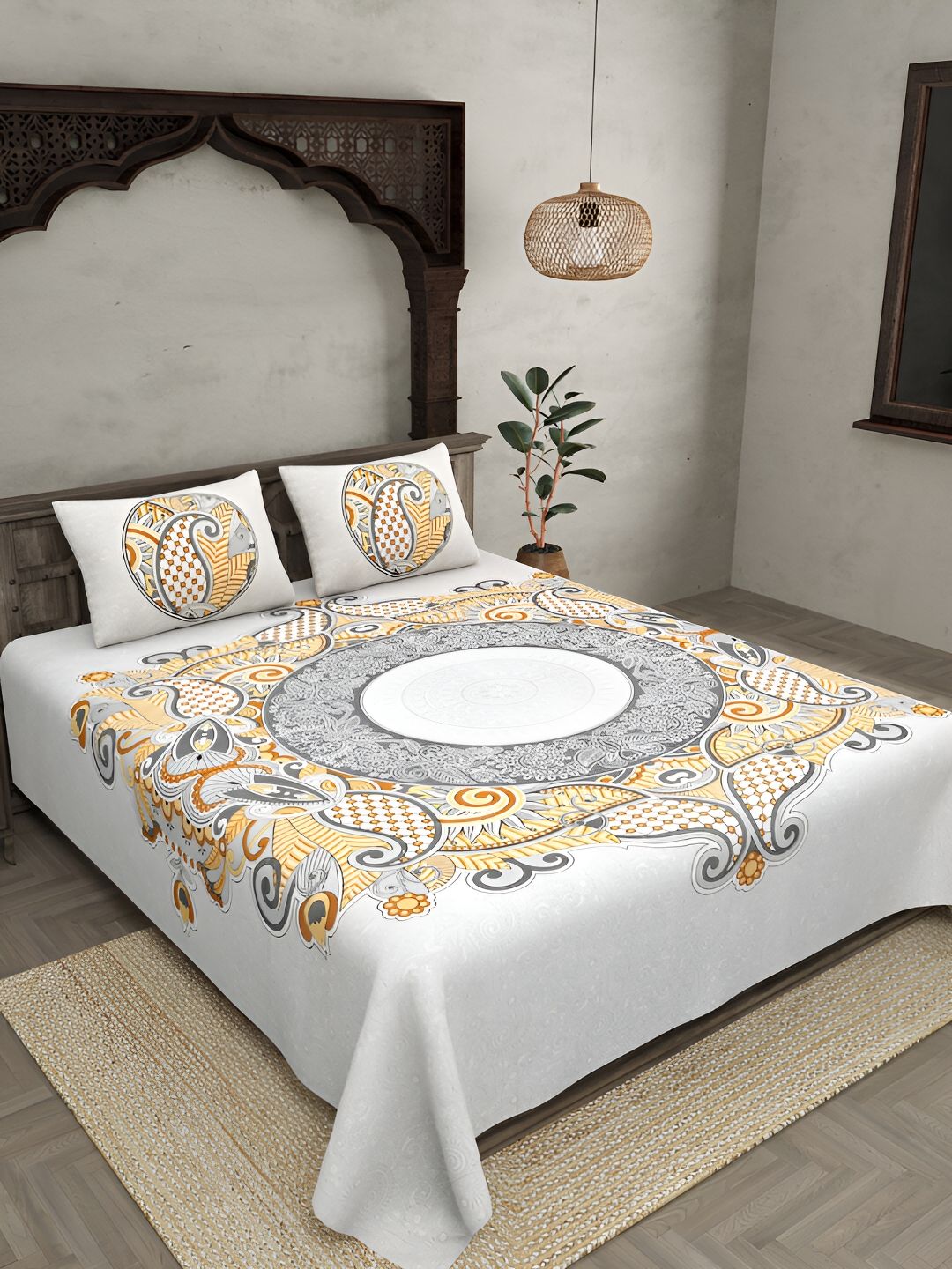 JAIPUR FABRIC White & Grey Ethnic Motifs Cotton 260 TC King Bedsheet With 2 Pillow Covers-image-43