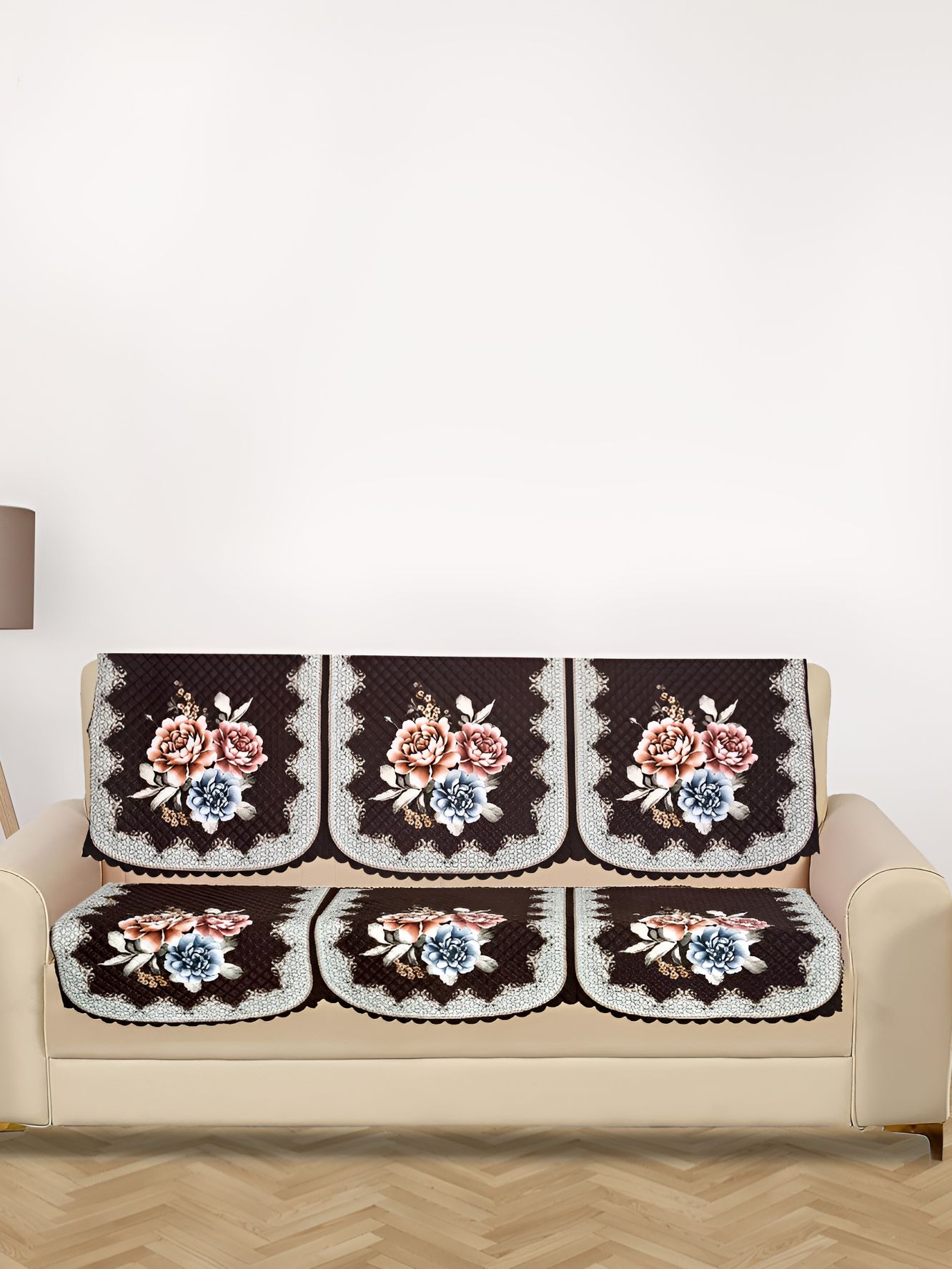 RRC White & Brown 3 PIeces Floral Printed  3 Seater Velvet Sofa Cover-image-1