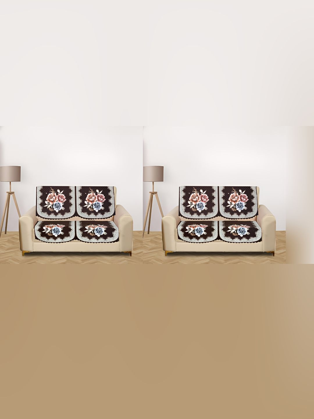 RRC Brown & White 8 Pieces Printed Velvet Sofa Cover-picture-10