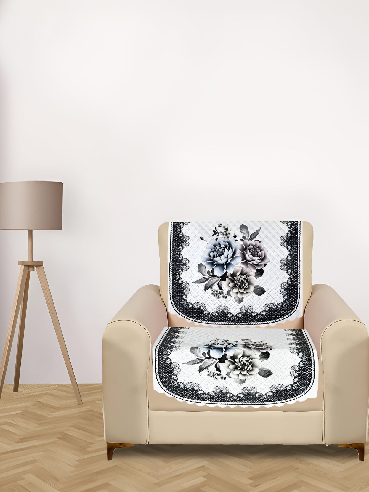 RRC Brown & White 2 PIeces Floral Printed Velvet Sofa Cover-image-14