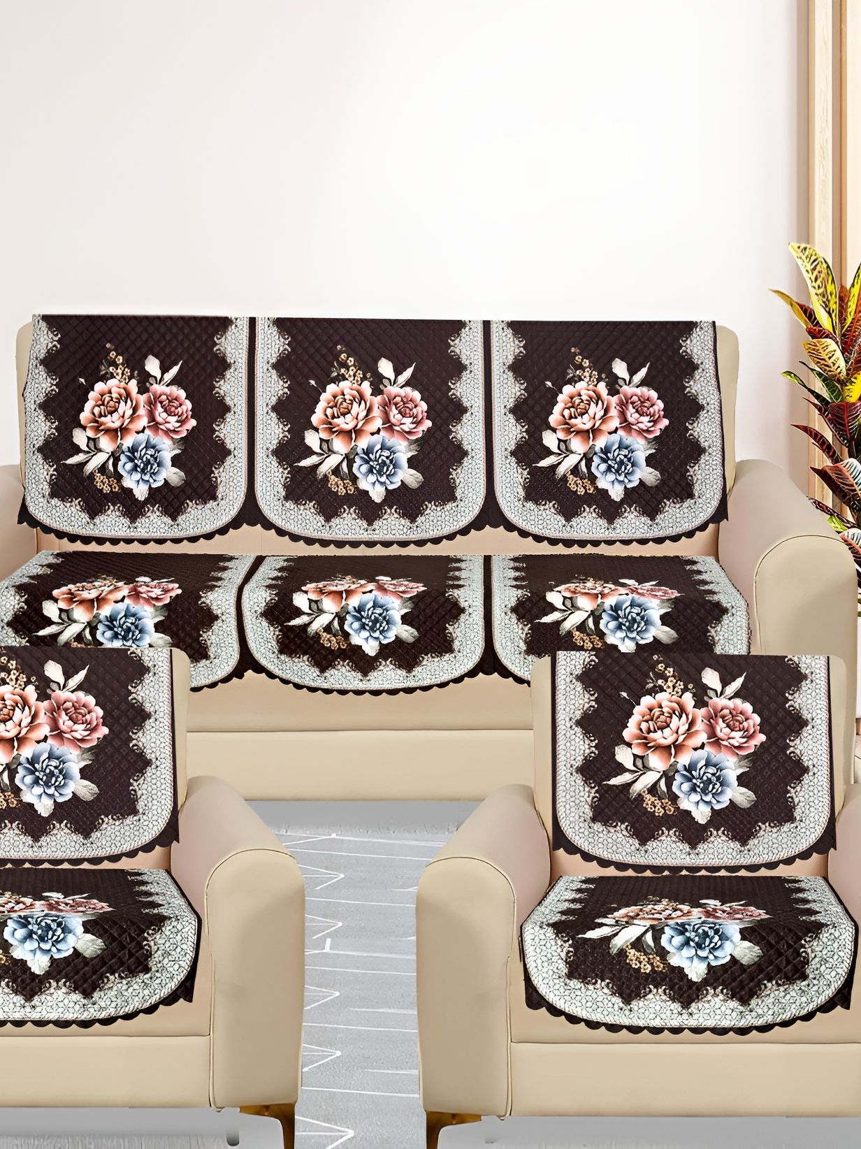 RRC White & Brown 10 Pieces Printed Velvet Sofa Cover-image-11