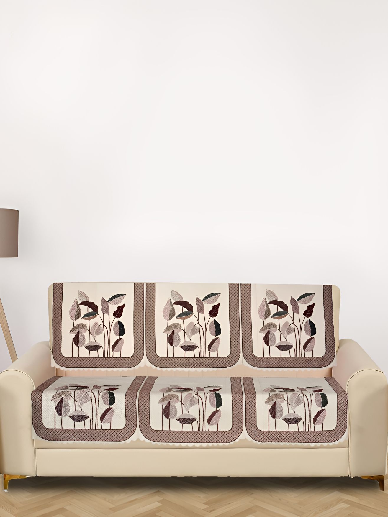 RRC Brown & White 6 Pieces Floral Printed 3 Seater Velvet Sofa Cover-image-38
