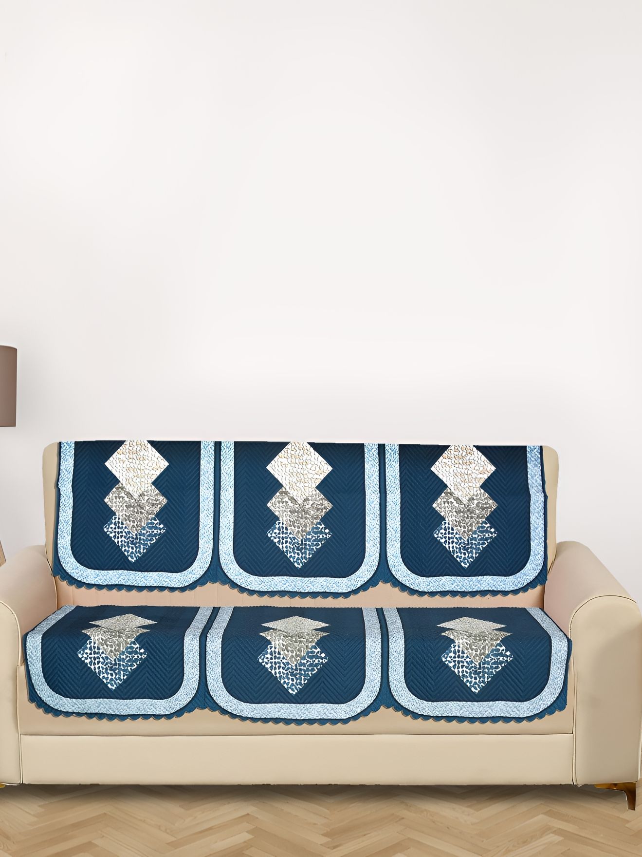 RRC Cream-Coloured & Blue 6 Pieces Printed Velvet Sofa Cover-image-38