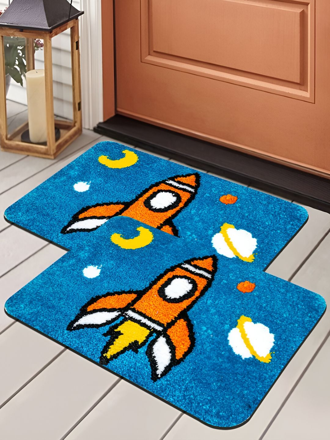 Aura Blue & White 2Pcs Cartoon DesignedPrinted 2500 GSM Microfiber Anti-Skid Doormats-picture-42