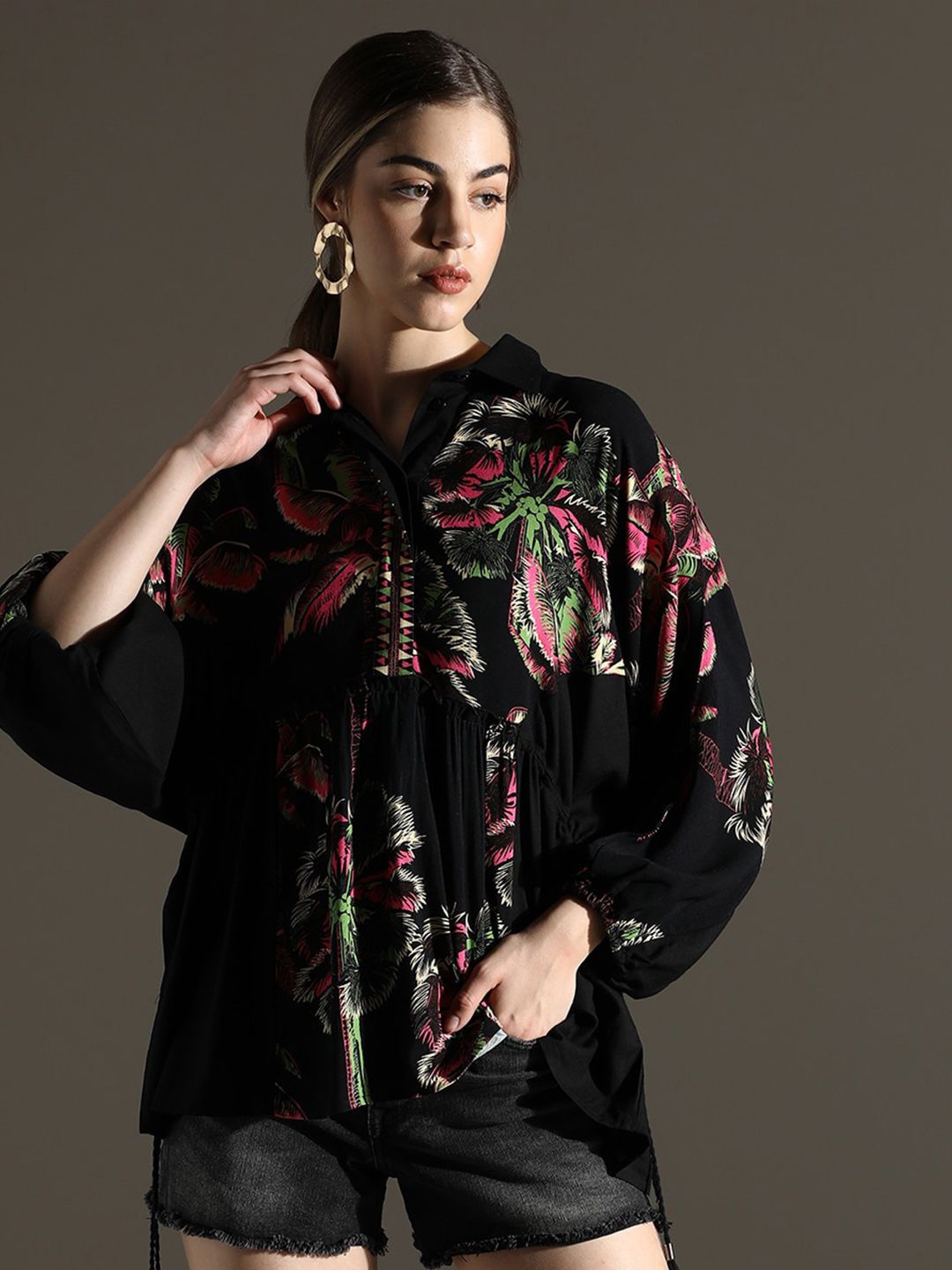 Dora Dori Relaxed Fit Floral Digital Printed Shirt Collar Kimono Top-image-25