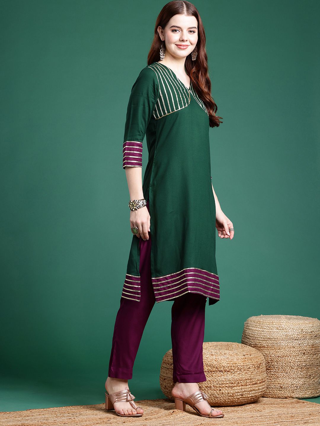 Sangria Women Yoke Design Regular with Gotta Patti Work Kurta with Trousers