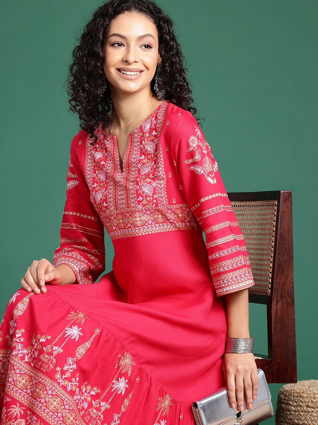 Sangria Indie Floral Foil Printed Maxi Ethnic Dresses-picture-11