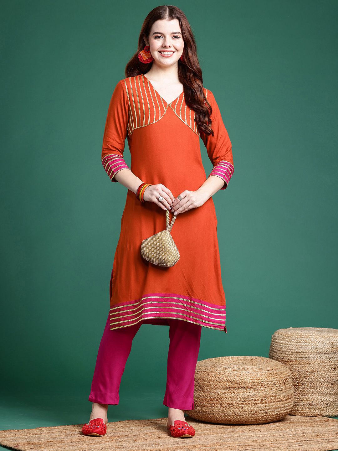 Sangria Women Yoke Design Regular with Gotta Patti Work Kurta with Trousers