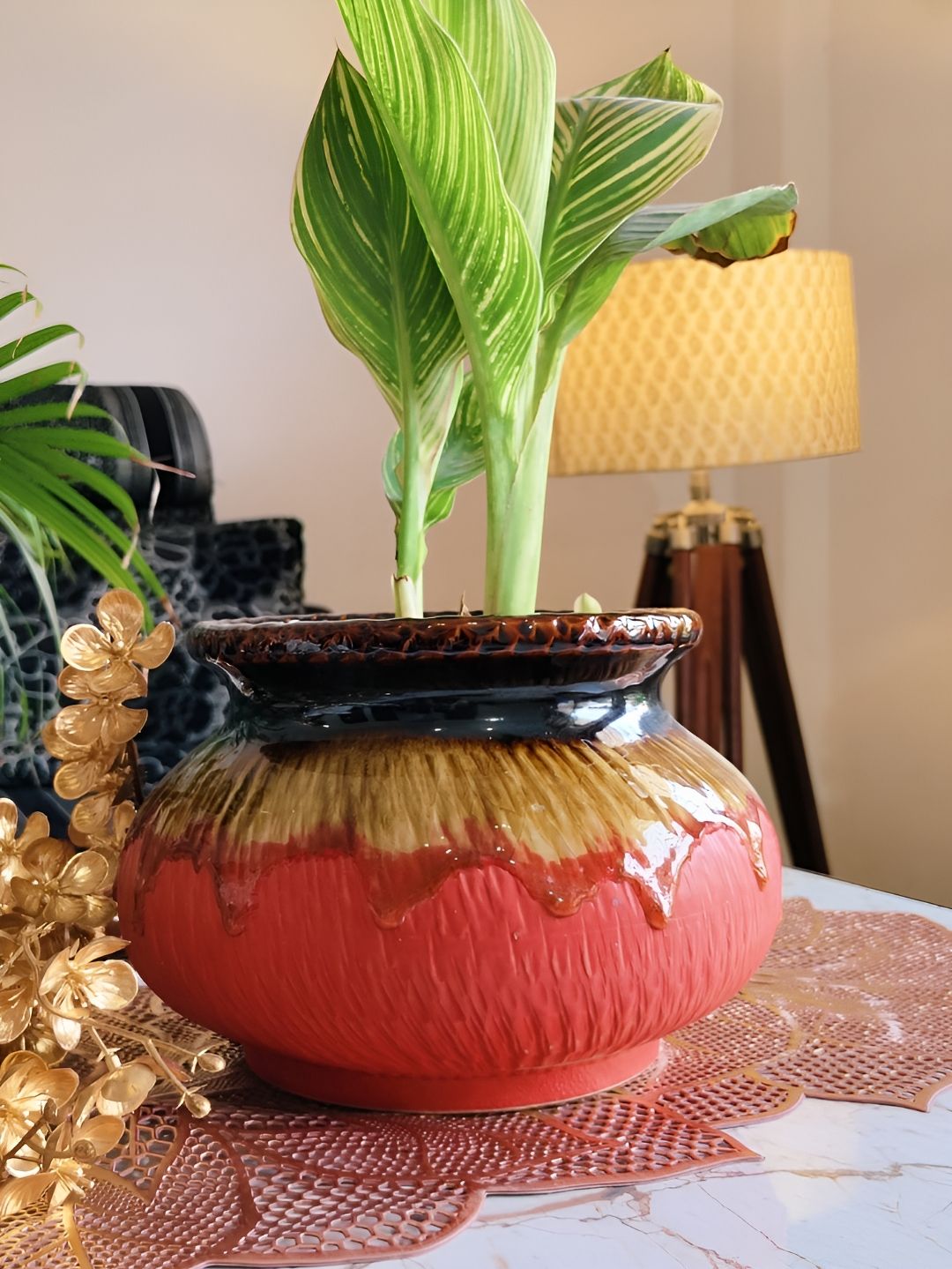 NIYARA Pink & Brown Abstract Ceramic Planter-image-36