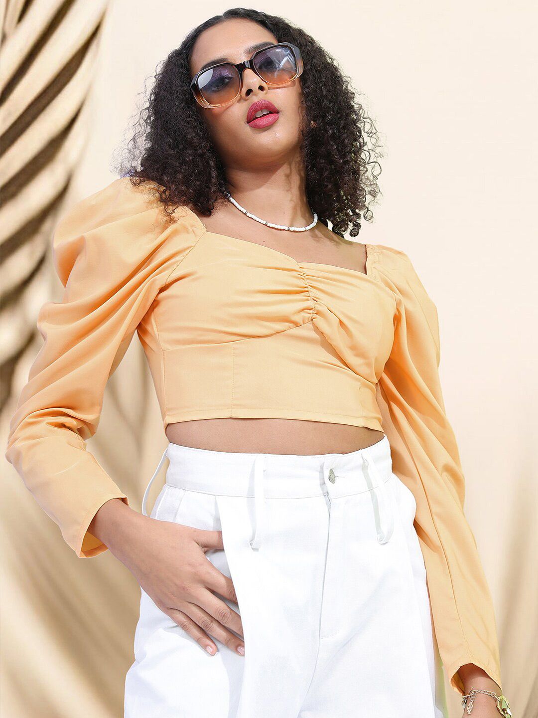 Tokyo Talkies Orange Square Neck Puffed Sleeves Fitted Crop Top-picture-48
