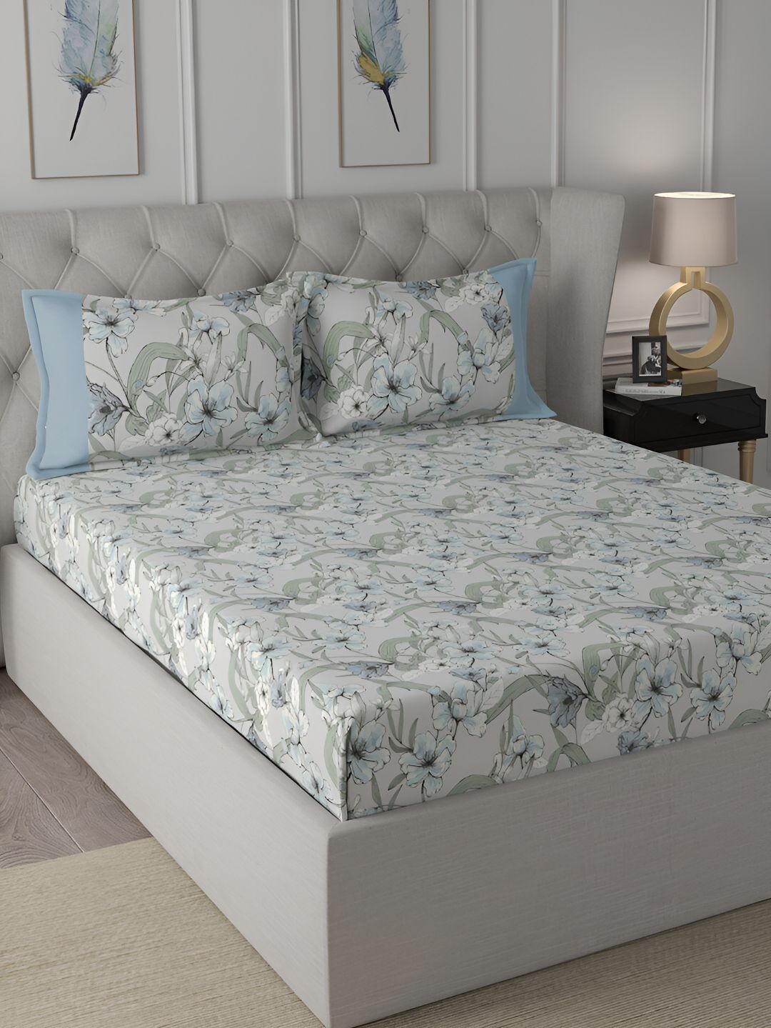 MASPAR Backyard Patio Blue Floral-Printed 200TC Cotton Single Bedsheet & 2 Pillow Cover-picture-14