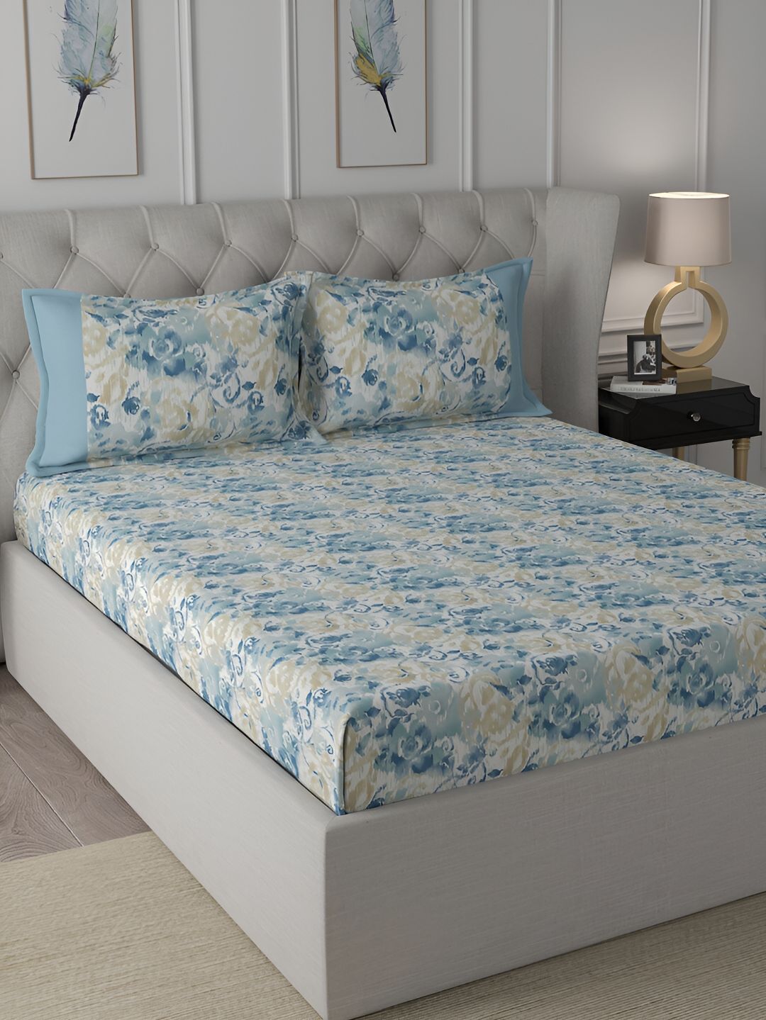 MASPAR  Backyard Patio Blue Floral Printed 200TC Cotton Queen Bedsheet & 2 Pillow Covers-picture-11