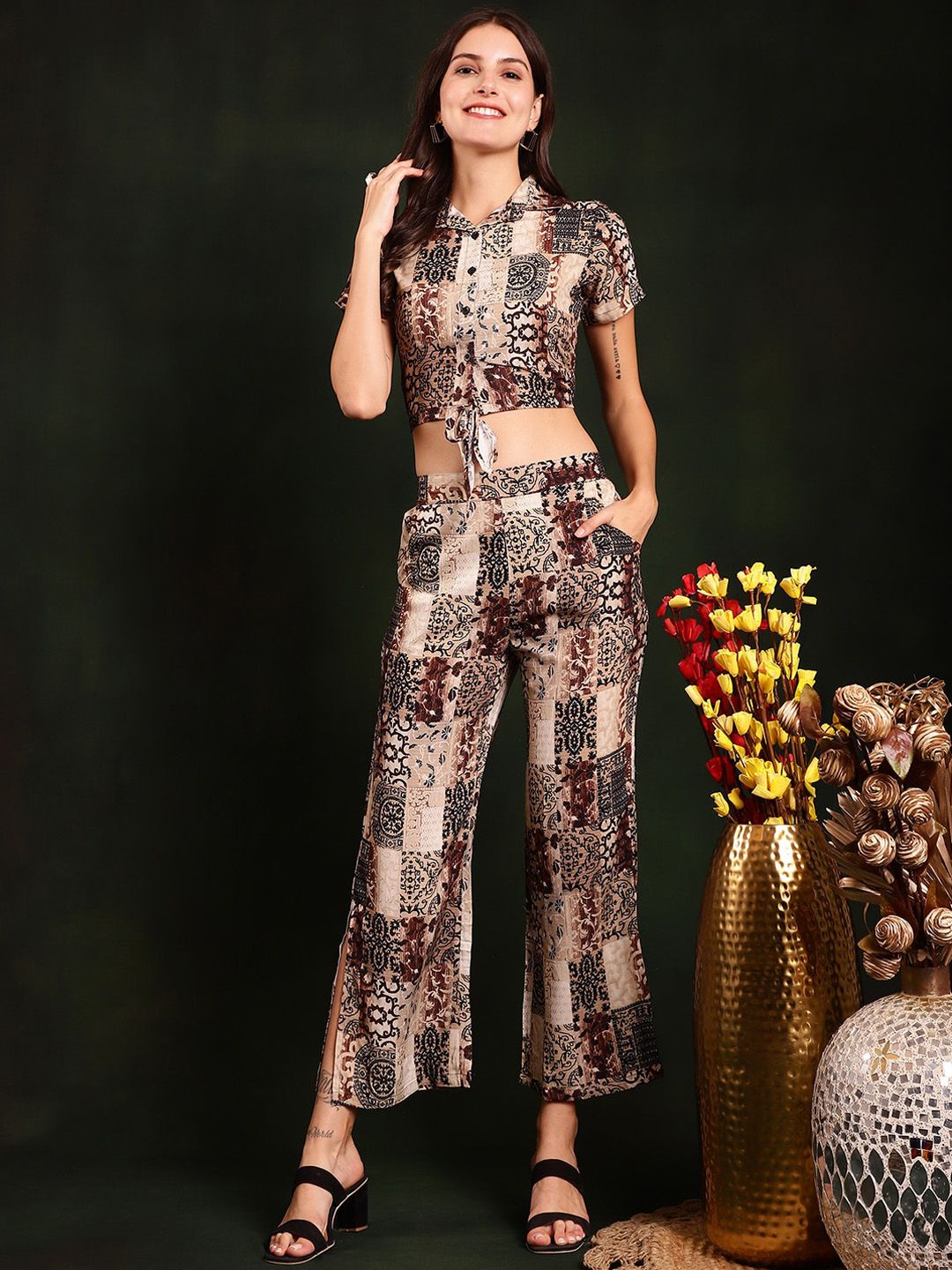 Claura Brown Printed Shirt Collar Top With Trousers