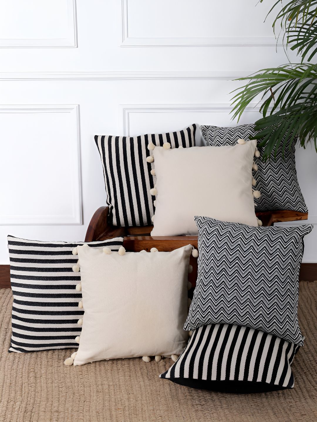 ANWYN Black & Off White 7 Pieces Striped Square Cushion Covers-image-31