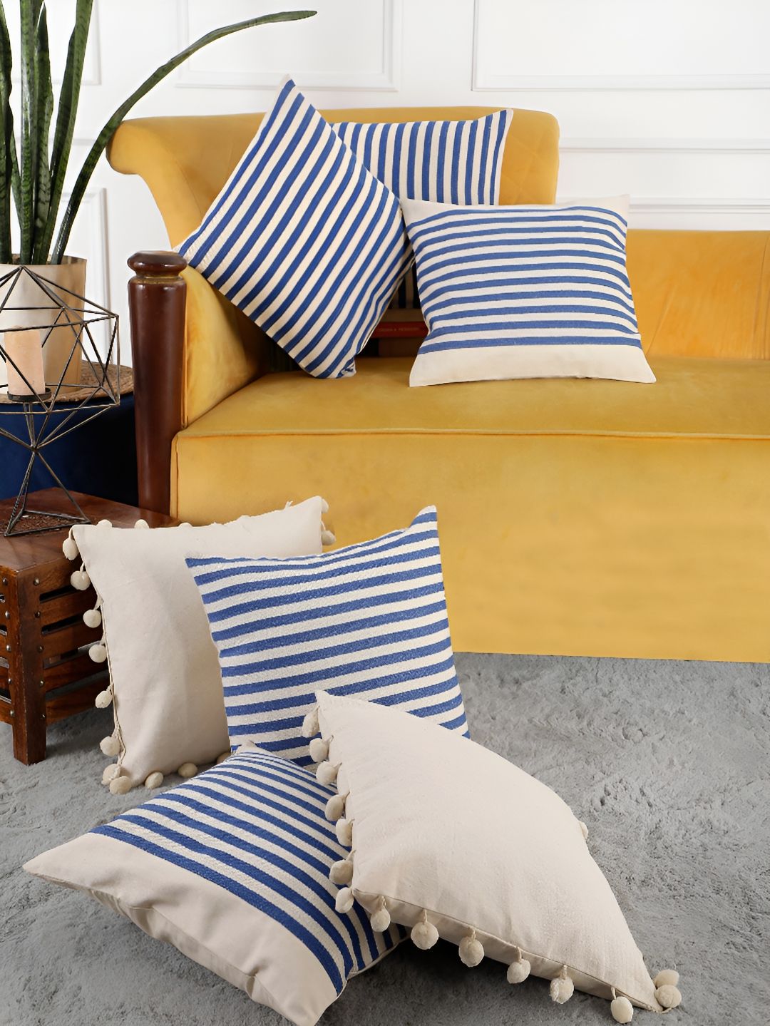 ANWYN Blue & Beige 7 Pieces Striped Square Cushion Covers-image-40