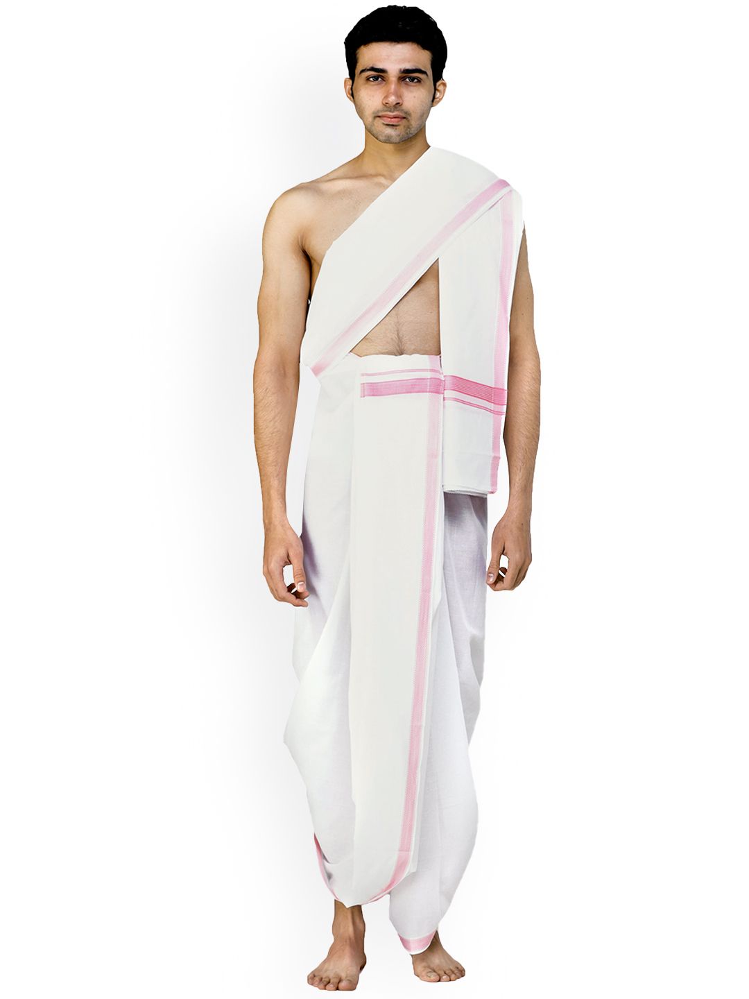 Exotic India Men Cotton Woven Border Dhoti With Angavastram Set-picture-23