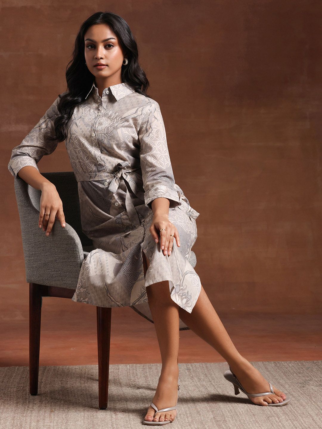 Libas Floral Printed Linen Shirt Collar A-Line Dress-picture-18