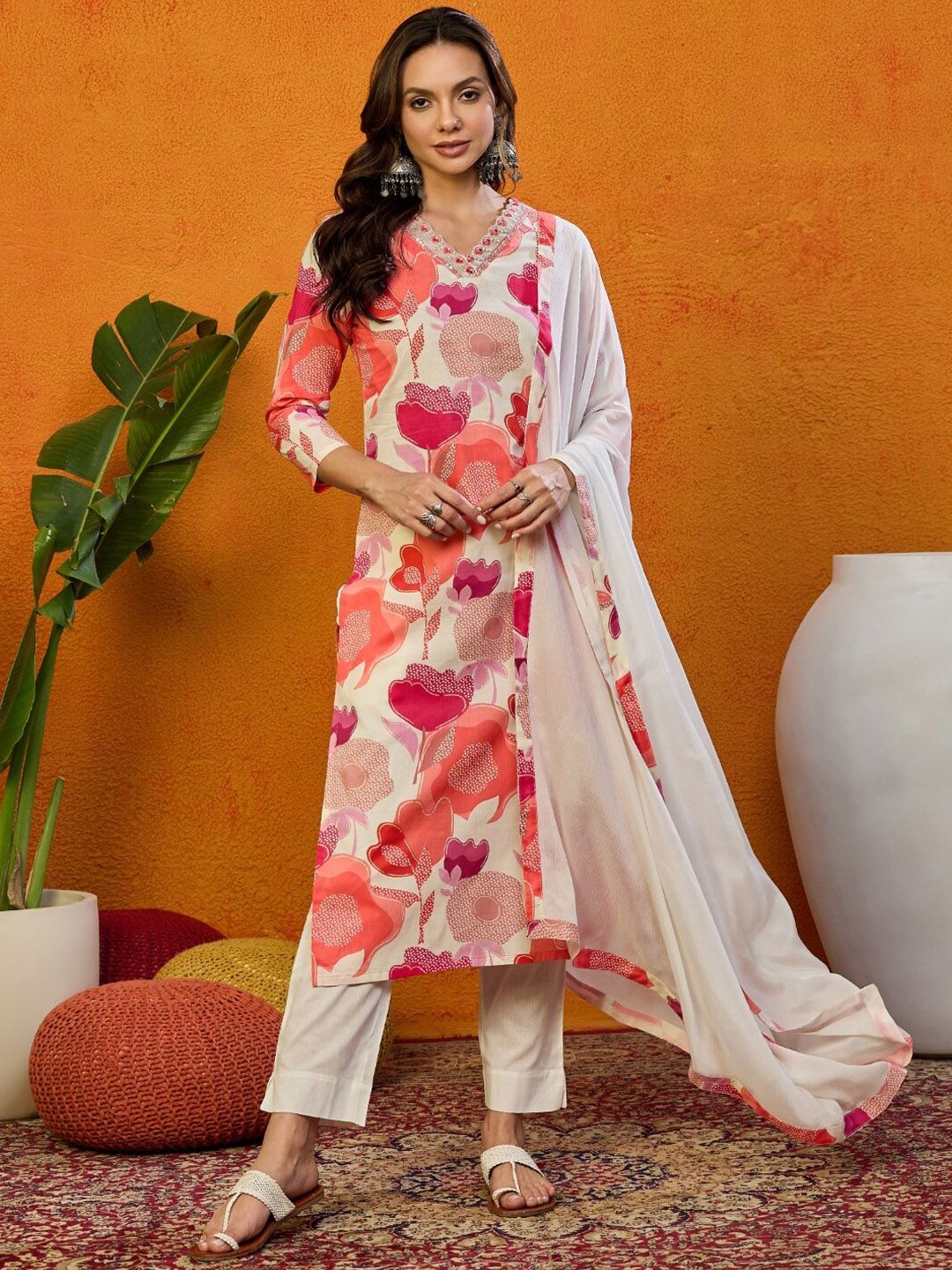 AHIKA Floral Printed Regular Thread Work V-Neck Straight Kurta With Trousers & Dupatta-picture-27