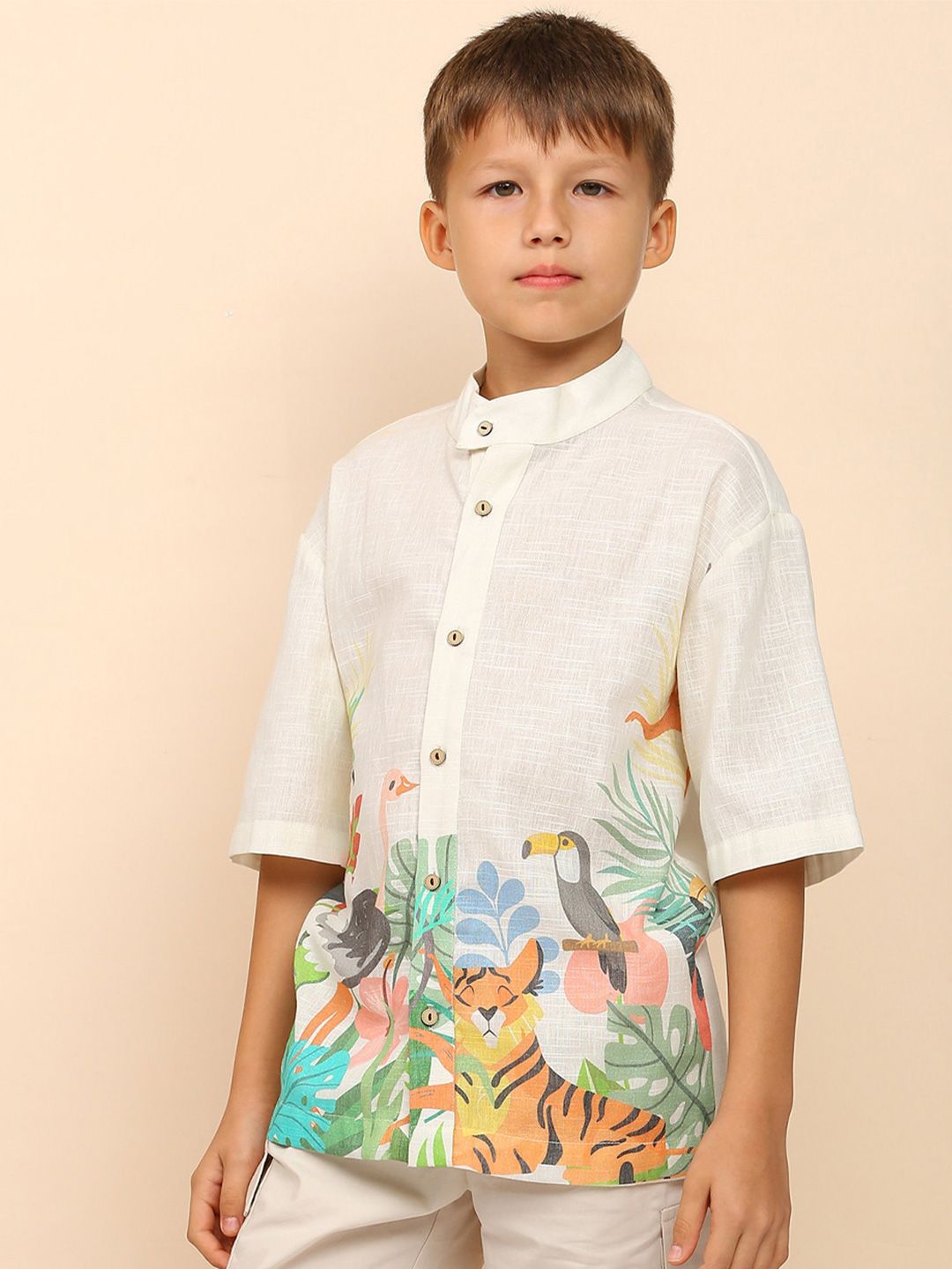 My Milestones Boys Band Collar Short Sleeves Floral Printed Cotton Casual Shirt-picture-37