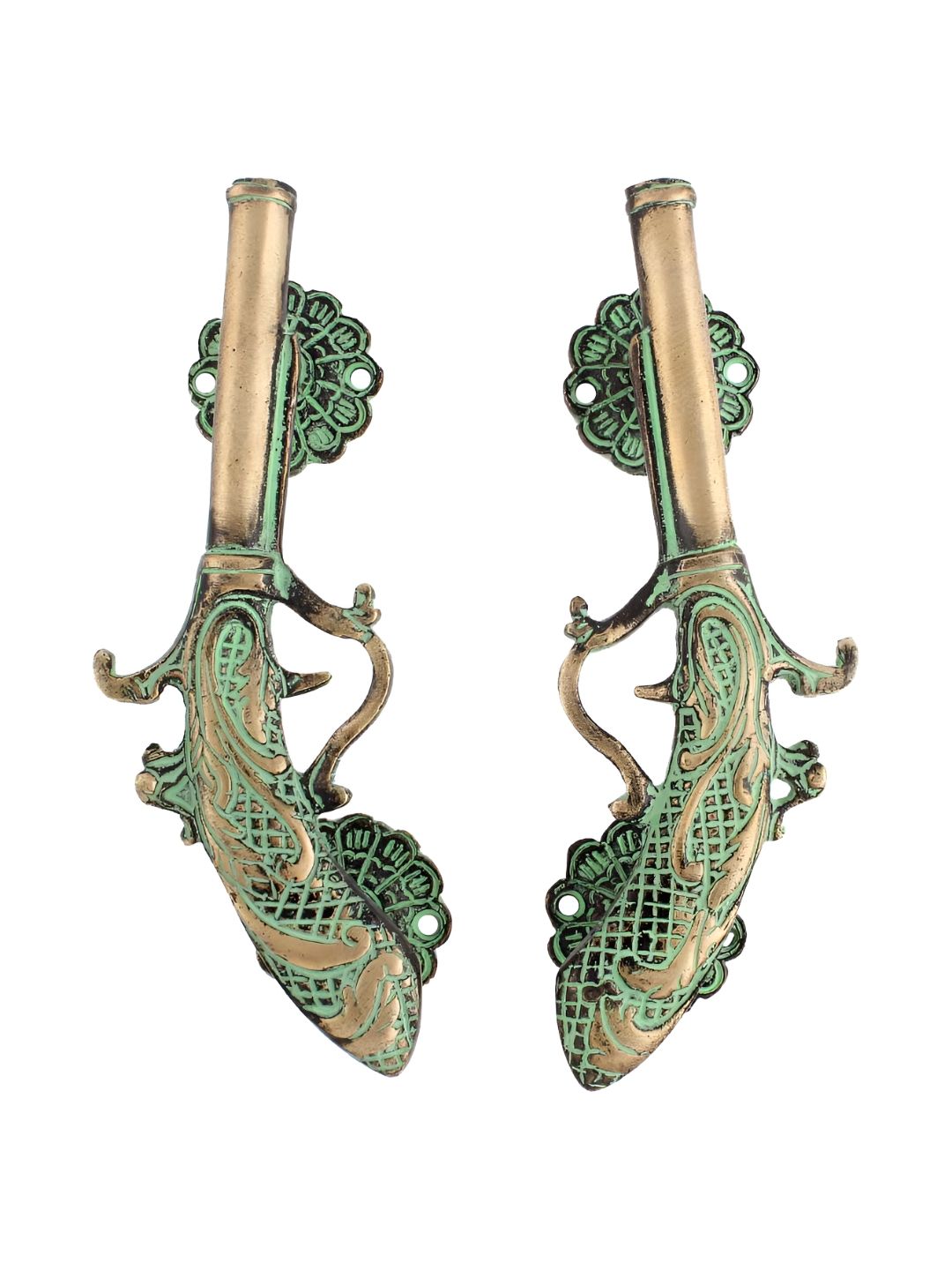 Indianshelf 2 Pcs Beige & Green Pistol Gun Shape Textured Brass Door Handles-picture-13