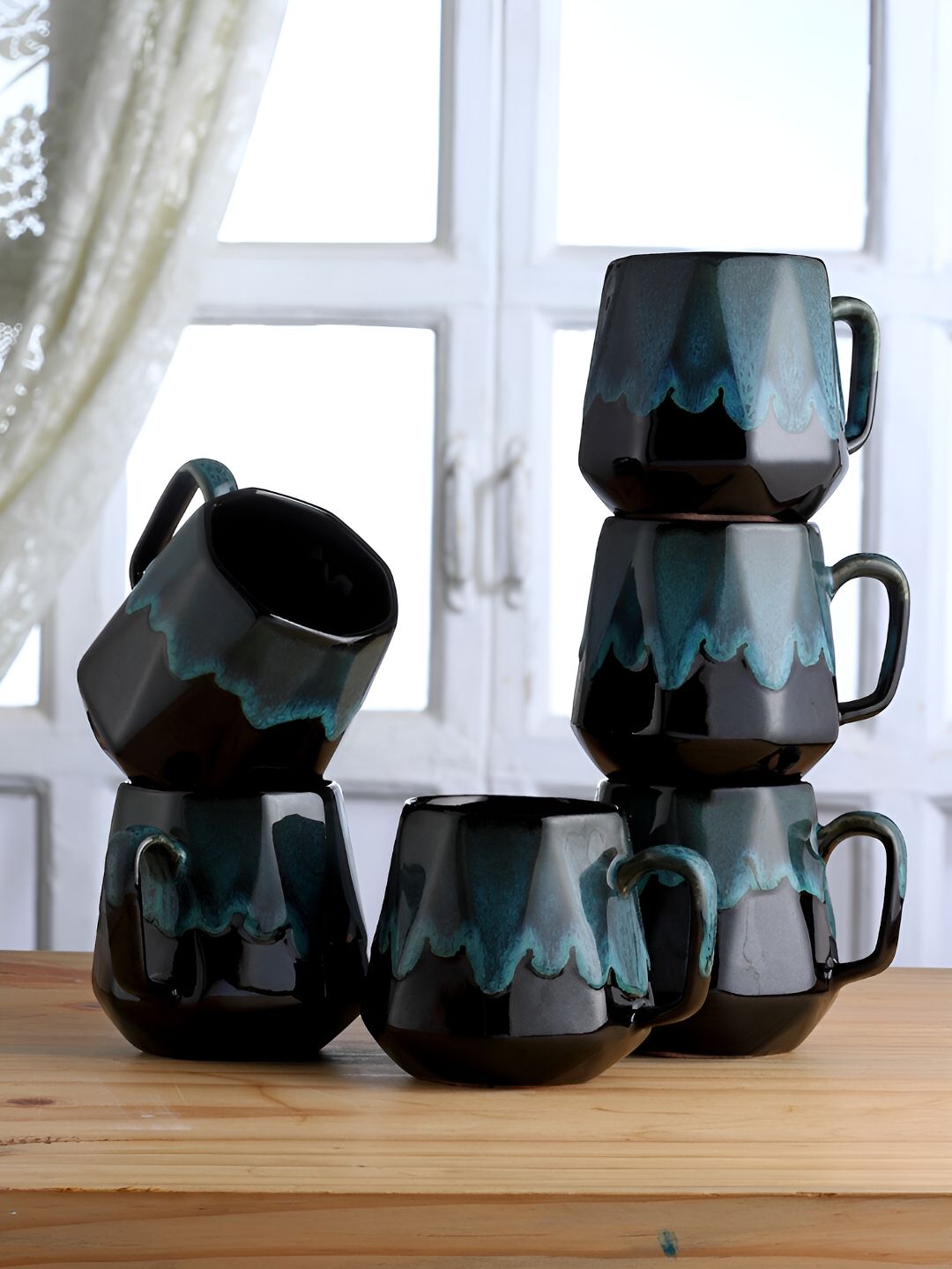 Arrabi Blue & Black 6 Pcs Handcrafted Printed Stoneware Matte Cups 220 ml Each-image-18