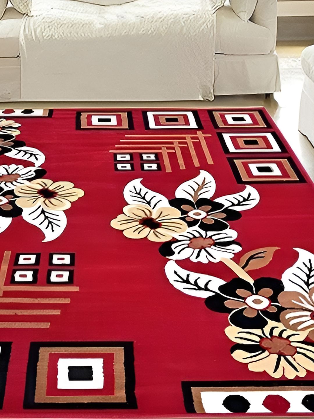 SANA CARPET Red & Beige Floral Printed Anti-Skid Carpet-image-47
